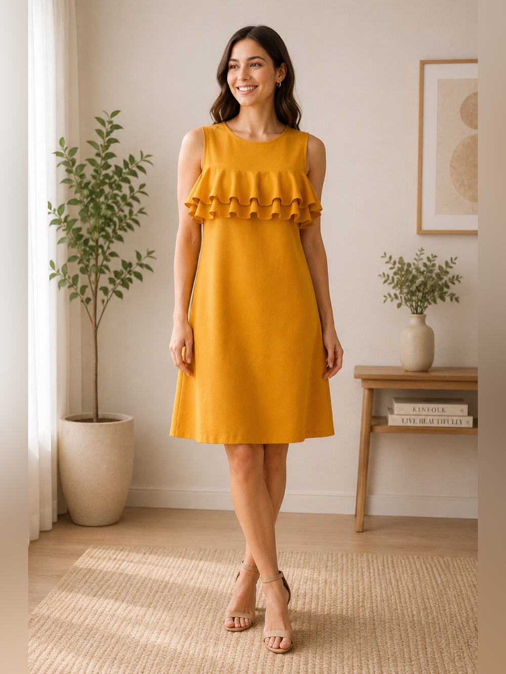 Mustard Yellow Ruffle Cold Shoulder Dress Size M